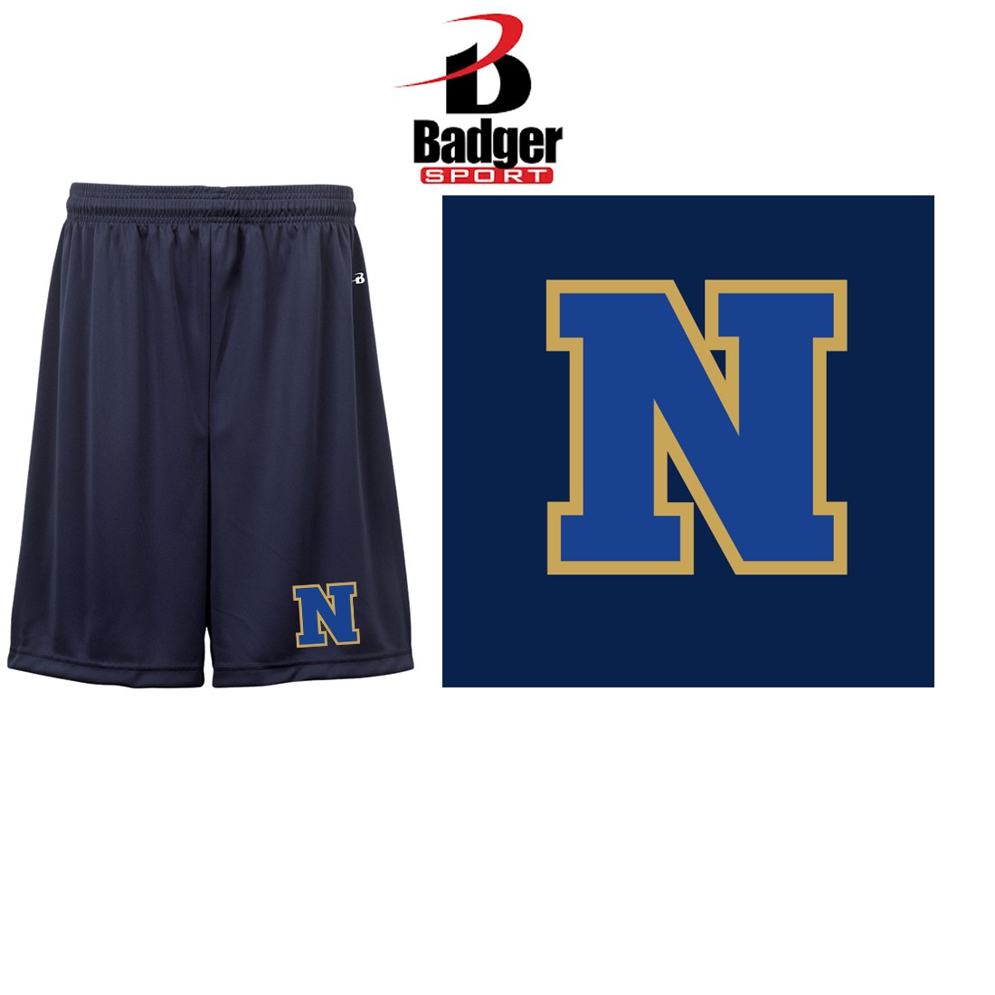 Norwell Middle School Badger Brand B-Core Shorts, Boys/Youth Unisex (6” Inseam), Navy With Solid “N” Logo