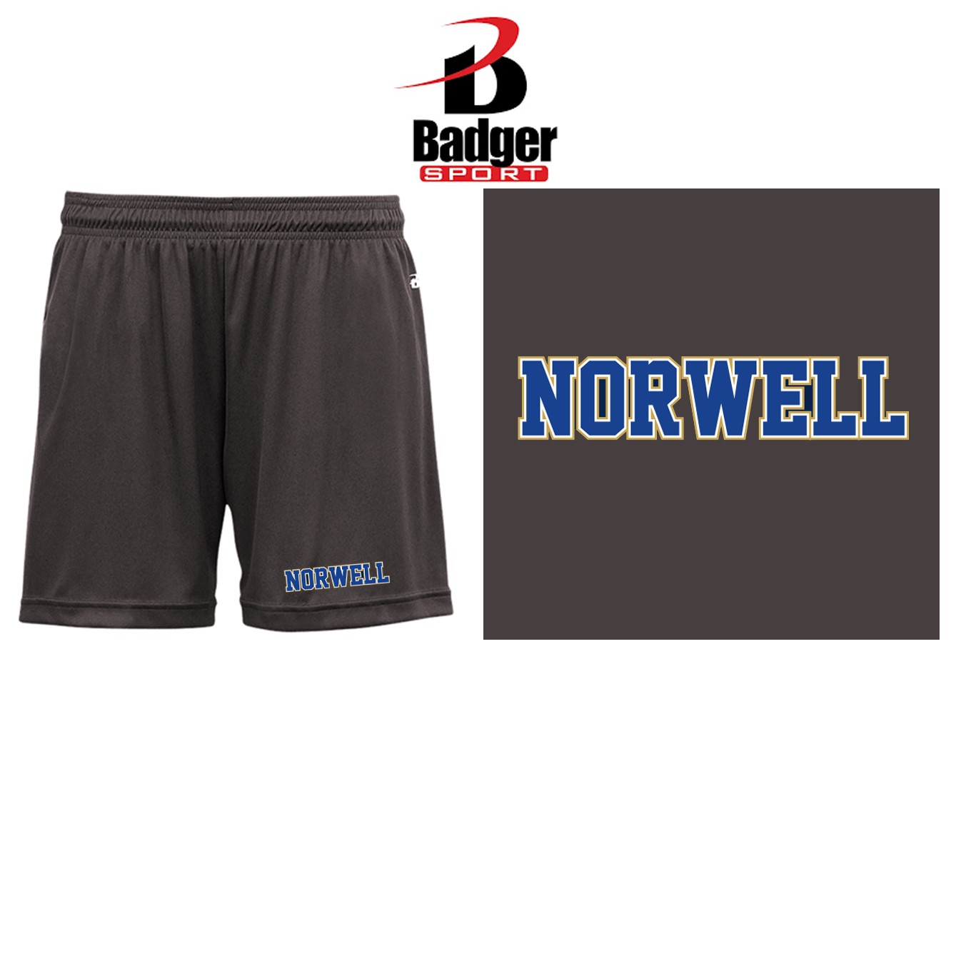 Norwell Middle School Badger Brand B-Core Women’s Short (5” Inseam), Graphite Grey With Text Logo