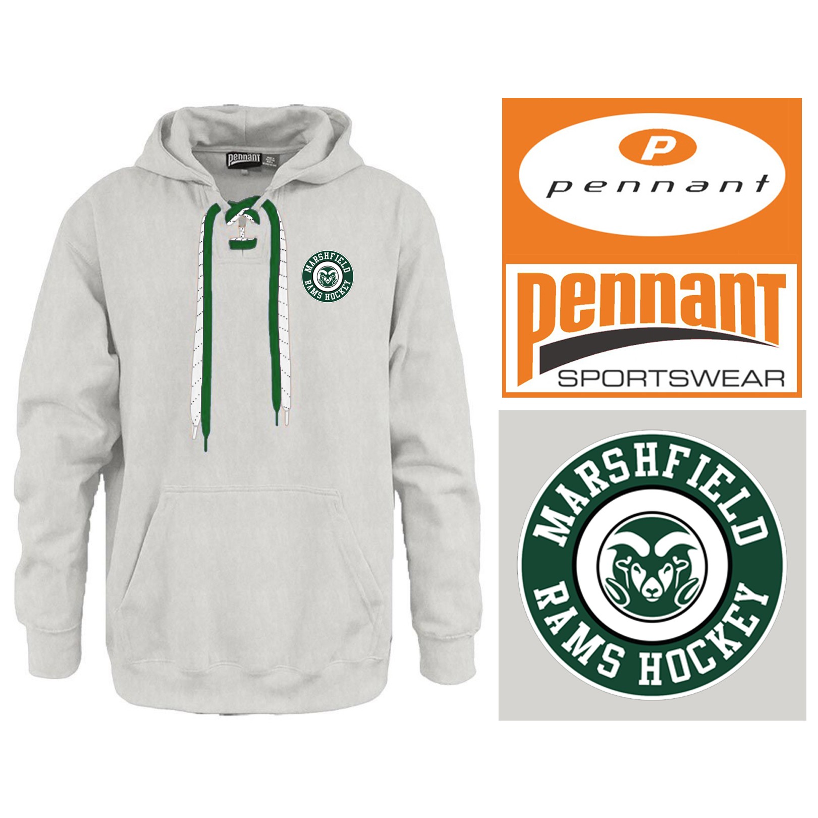 Marshfield Hockey Boosters HS Pennant Face-Off 2-Lace Hoodie, Circle Logo Edition