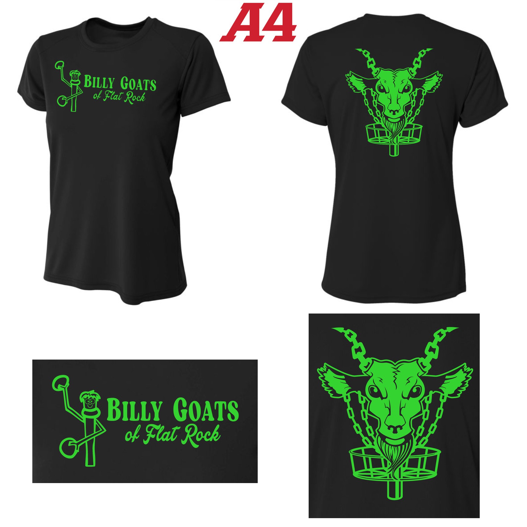 Flat Rock Billy Goats Disc Golf A4 Women’s Cooling Performance Crew, Women’s Fit, Black with 2 Prints