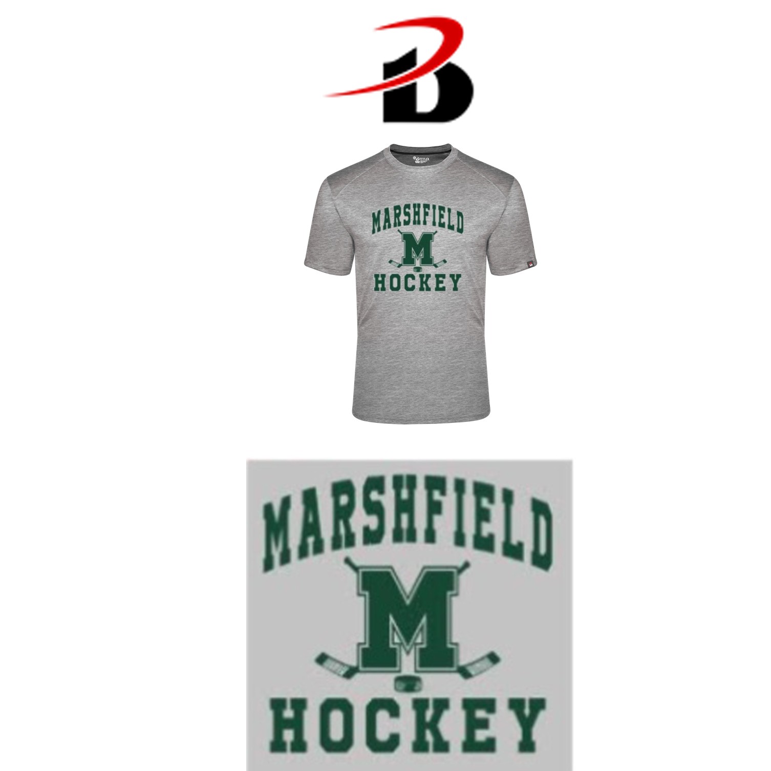 Friends Of Marshfield Hockey Badger Performance Fit Flex Tee, Crossed Sticks Logo
