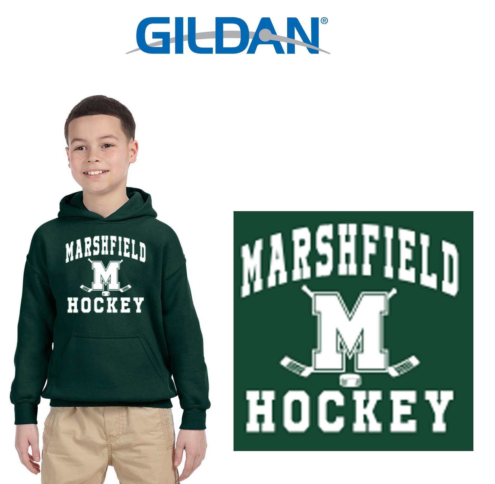 Marshfield Hockey Boosters HS Gildan Youth Heavy Blend™ 8 oz., 50/50 Hood, 1 Location Version