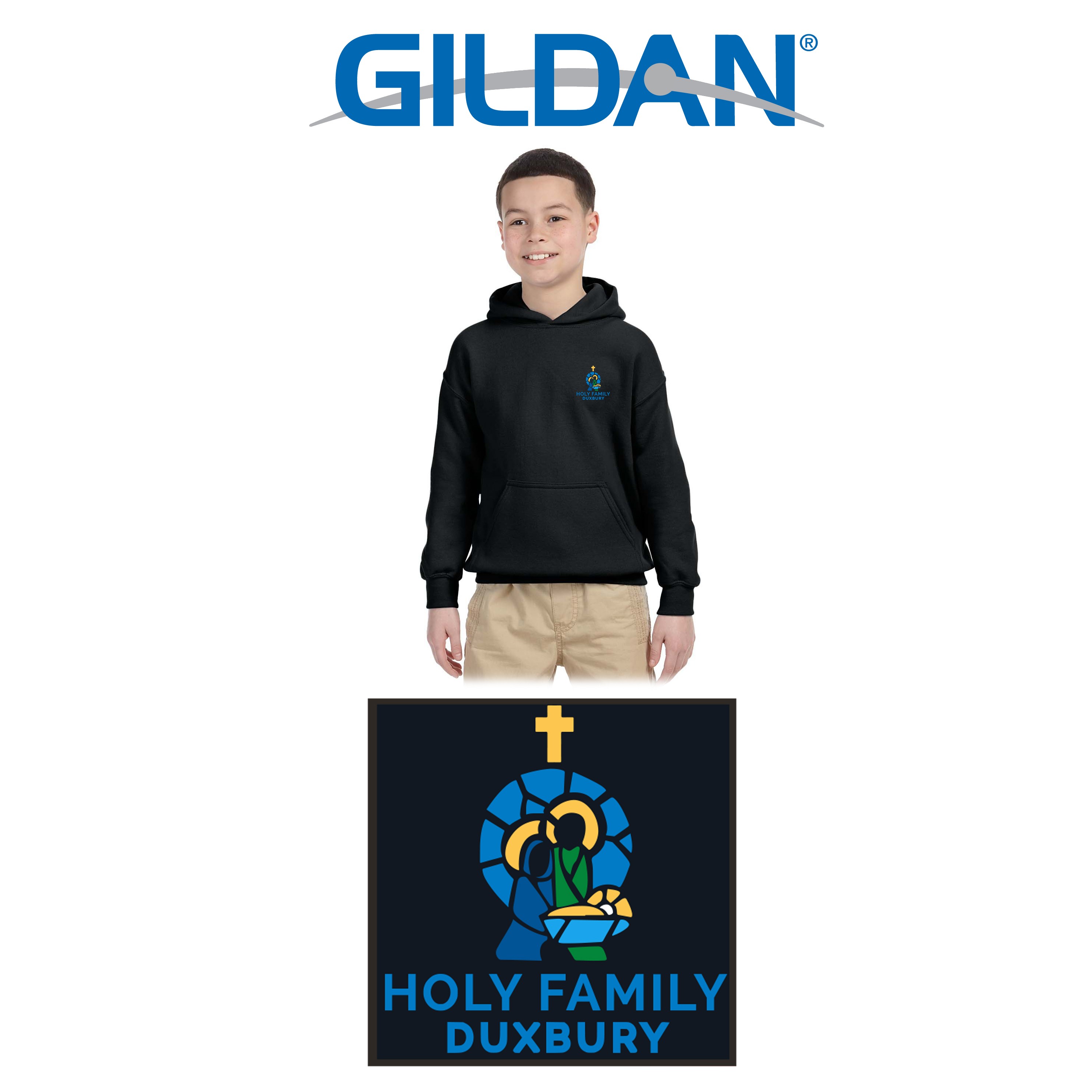 Holy Family Duxbury Gildan Youth Heavy Blend™ 8 oz., 50/50 Hood, Embroidered