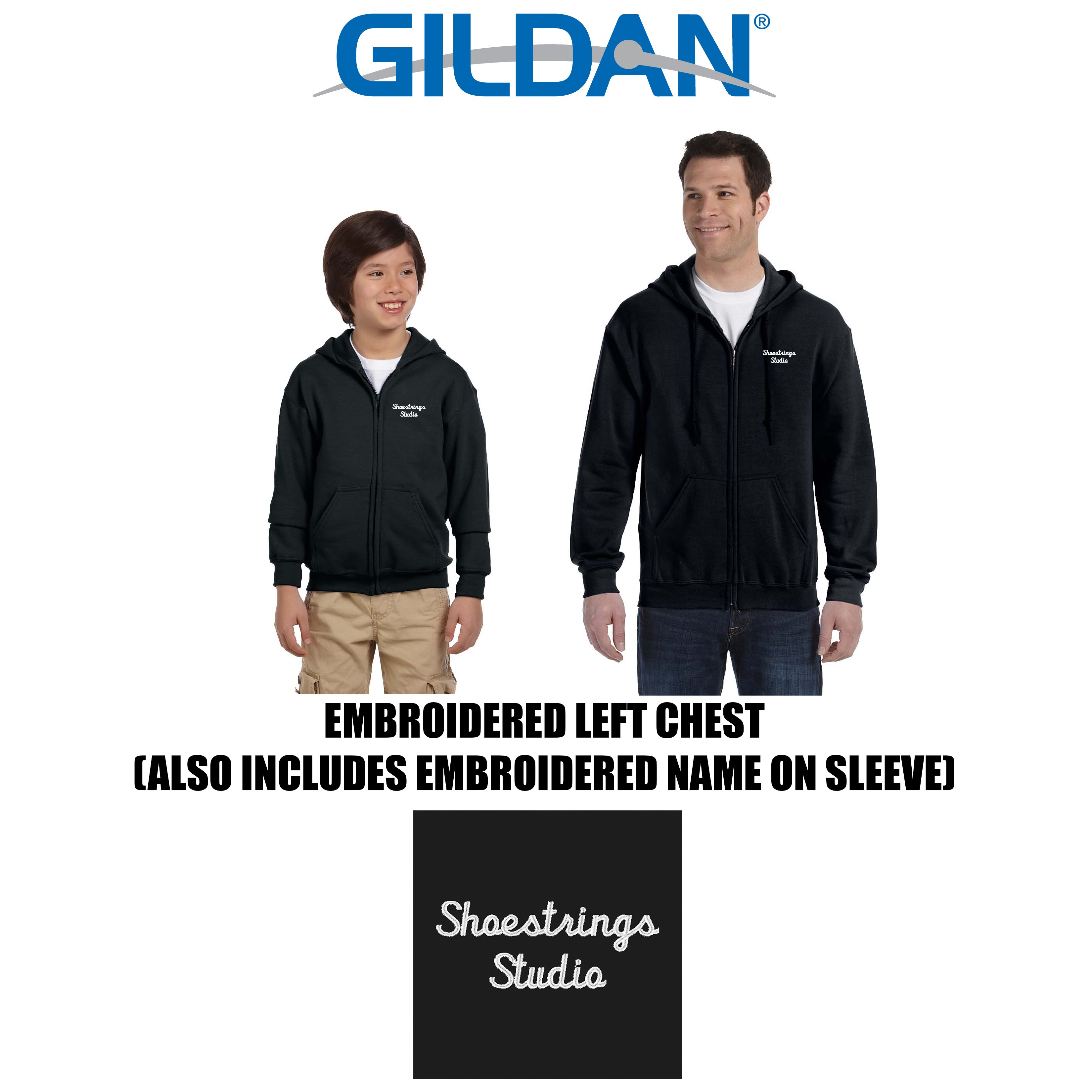 Shoestrings Studio Gildan Brand Full Zip Hooded Sweatshirt HeavyBlend 8oz 50/50 for Youth & Adult