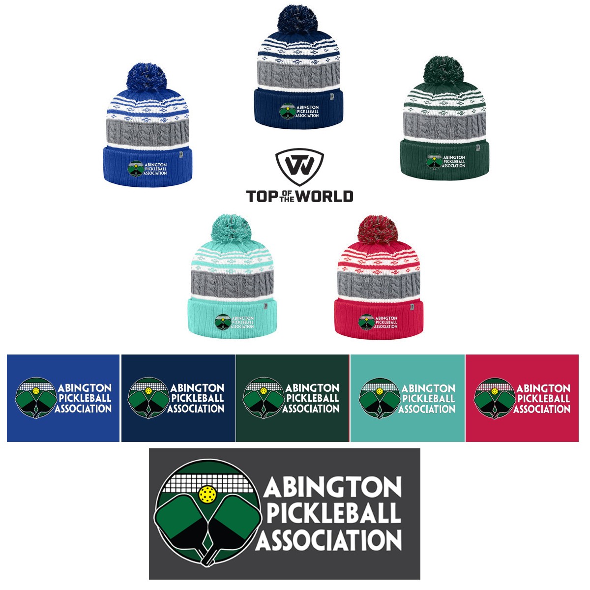 Abington Pickleball Top Of The World Adult Altitude Knit Cap With Pom, Embroidered