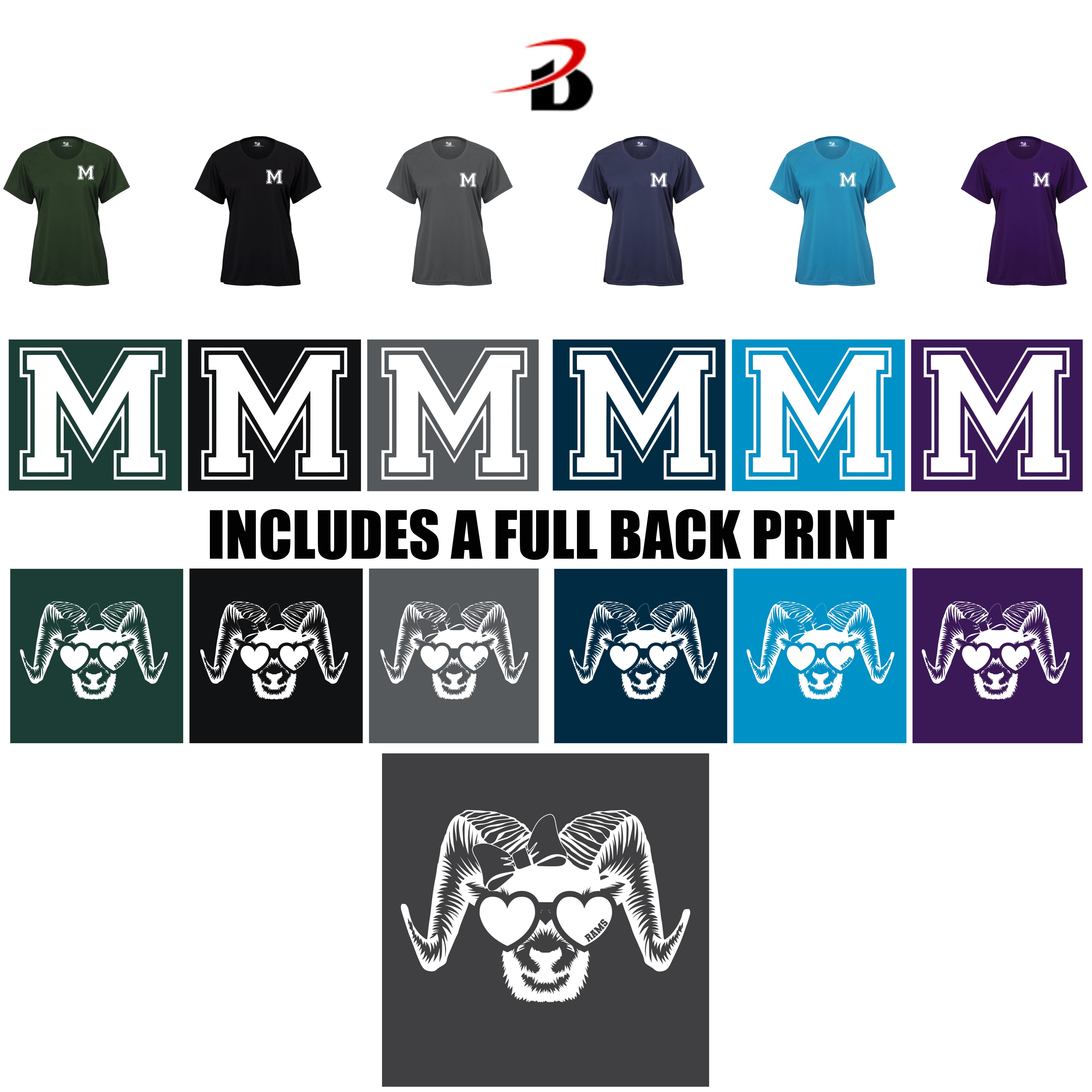 Eames Way School Marshfield Badger B-Core Girl’s Tee, Girl’s Fit/Girl Ram Logo